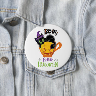 Badge Rond 10 Cm Boo Black Cat, Scary Pumkin Coffee Halloween
