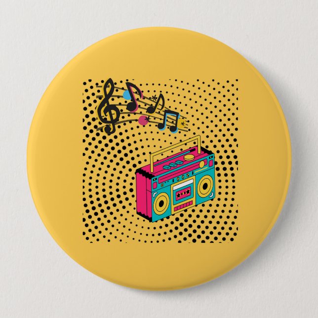 Badge Rond 10 Cm Boombox audio rétro. (Devant)