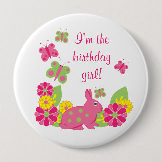 Badge Rond 10 Cm Bouton d'anniversaire de la fille lapin et papillo