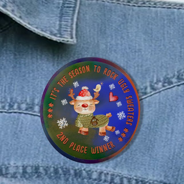 Badge Rond 10 Cm Bouton de cerf du 2e gagnant (Ugly Sweater 2nd Winner Deer Button)