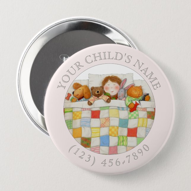 Badge Rond 10 Cm Bouton d'identification d'enfant COZY QUILT - rose (Devant & derrière)