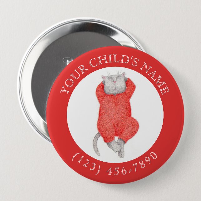 Badge Rond 10 Cm Bouton d'identification enfant CAT JOHNS LONG ROUG (Devant & derrière)