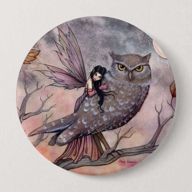 Badge Rond 10 Cm Bouton Fairy and Owl d'automne (Devant)