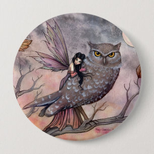 Badge Rond 10 Cm Bouton Fairy and Owl d'automne