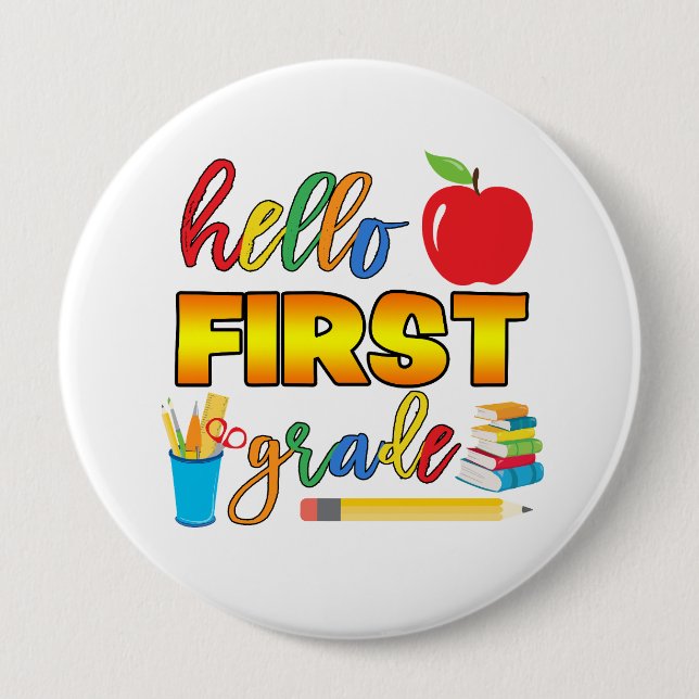 Badge Rond 10 Cm Bouton Hello First Grade (Devant)