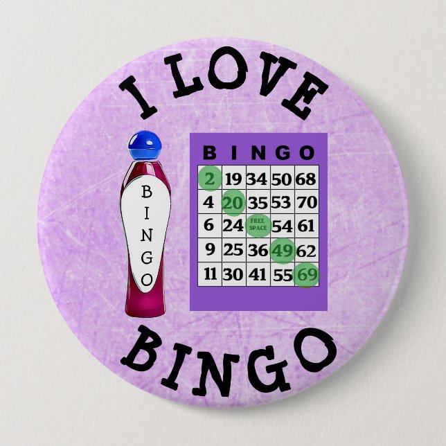 Badge Rond 10 Cm Bouton I Love BINGO Purple Cards (Devant)