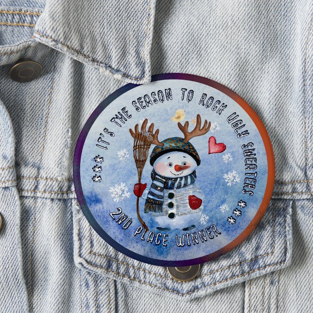 Badge Rond 10 Cm Bouton moche Sweater 2e gagnant FUNNY SNOWMAN (Ugly Sweater 2nd Winner FUNNY SNOWMAN Button)