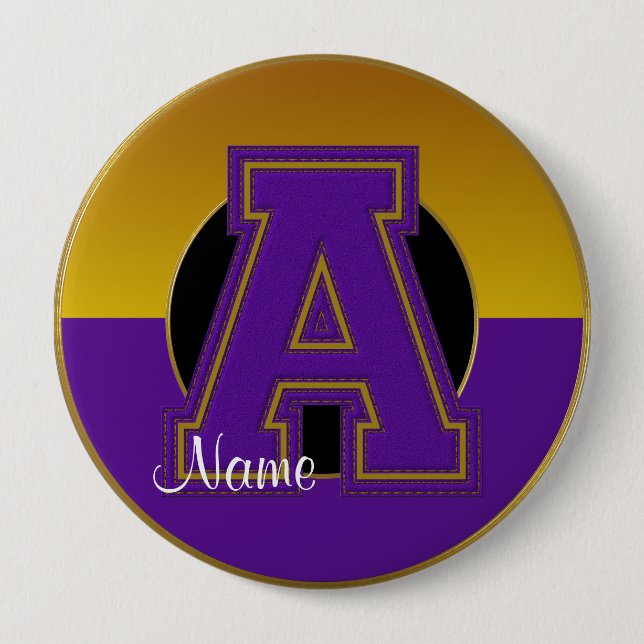 Badge Rond 10 Cm Bouton monogramme de l'école, Lettre or-violet A (Devant)