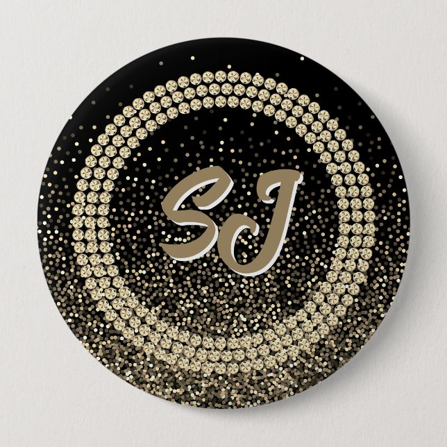 Badge Rond 10 Cm Bouton Monogramme Pailleté Or (Devant)
