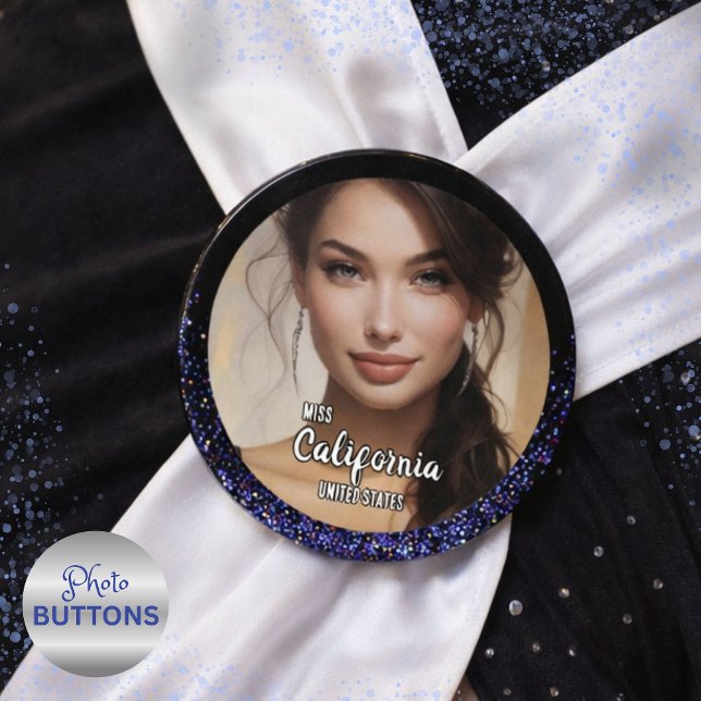 Badge Rond 10 Cm Bouton photo de la Parties scintillant royale Glit (Glow-up with a custom photo button featuring your image and text surrounded by sparkling glitter)