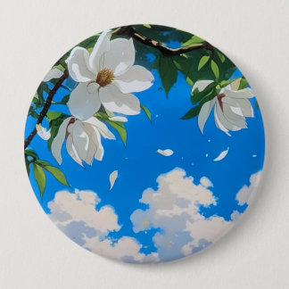 Badge Rond 10 Cm Bouton - Série Florale Magnolia Blanc