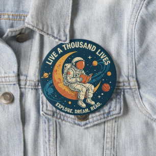 Badge Rond 10 Cm Bouton "Vivez mille vies" de l'astronaute vintage
