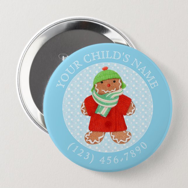 Badge Rond 10 Cm Bouton WOOLIE GINGERBRAD ID enfant - Bleu (Devant & derrière)