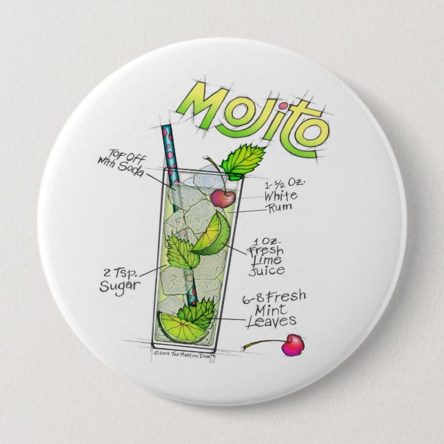 BADGE ROND 10 CM BOUTONS - MOJITO RECETTE COCKTAIL ART (Devant)