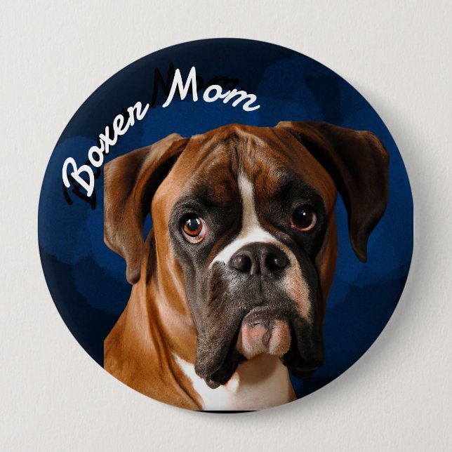 Badge Rond 10 Cm Boxer Maman avec Bouton arrière - plan bleu (Devant)