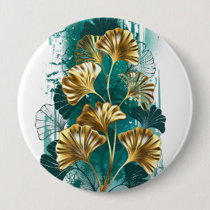 Badge Rond 10 Cm Branche avec Feuilles d'or Ginko Biloba