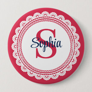 Badge Rond 10 Cm Broderie anglaise blanche élégante et initiale rou