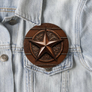 Badge Rond 10 Cm Brown Cowboy Rustique Western Country Texas Star
