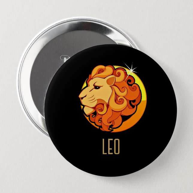 Badge Rond 10 Cm Brown et or signe de zodiaque Leo noir (Devant & derrière)