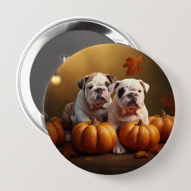 Badge Rond 10 Cm Bulldog Chiot Automne Citrouille de plaisir (Devant & derrière)