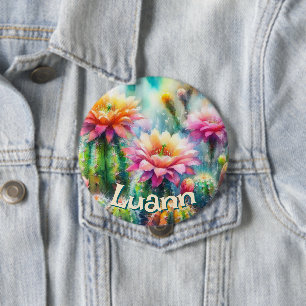 Badge Rond 10 Cm Cactus Succulent Fleurissant Personnalisé Aquarell