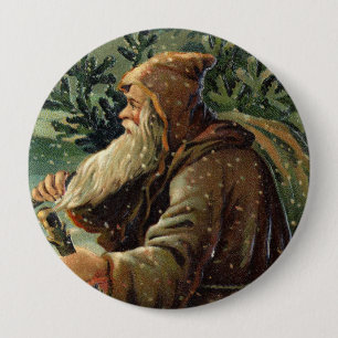 Badge Rond 10 Cm Carte de Noël vintage, Père Noël et arbre