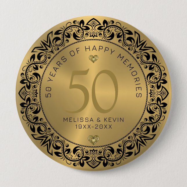 Badge Rond 10 Cm Cercle floral noir 50e anniversaire de Mariage (Devant)