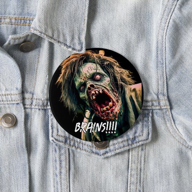 Badge Rond 10 Cm Cerveaux de zombie hurlant (En situation)