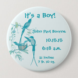 Badge Rond 10 Cm C'est un garçon ! Aqua Vintage Bird Maman Papa Béb