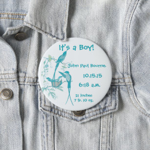 Badge Rond 10 Cm C'est un garçon ! Aqua Vintage Bird Maman Papa Béb