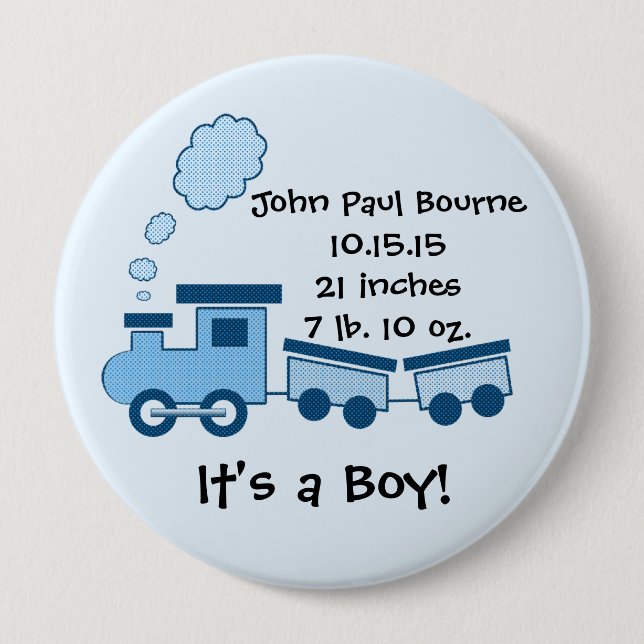 Badge Rond 10 Cm C'est un garçon ! Train Button Blue Choo Choo (Devant)