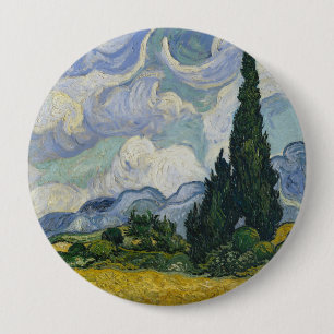 Badge Rond 10 Cm Champ de blé avec cyprès, peinture à l'huile, Van