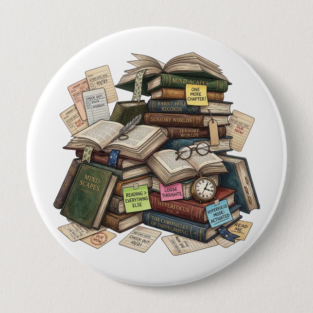 Badge Rond 10 Cm Chaotic Academia ADHD Hyperfocus Book Stack (Devant)