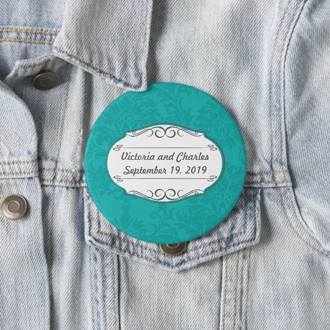 Badge Rond 10 Cm Chartreuse moderne Turquoise Mariage damassé (En situation)