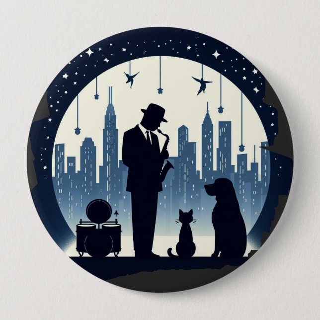 Badge Rond 10 Cm Chat, chien, Jazz (Devant)