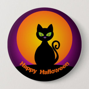 Badge Rond 10 Cm Chat noir mignon et lune orange