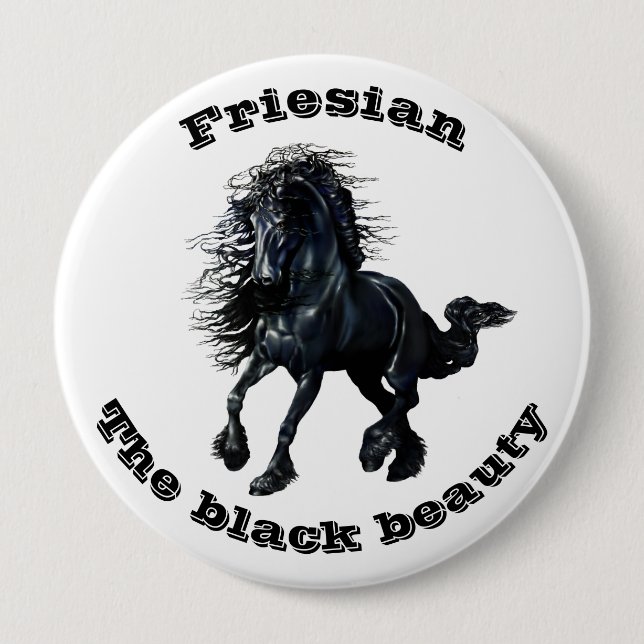 Badge Rond 10 Cm Cheval friésien, étalon de beauté noir (Devant)