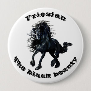 Badge Rond 10 Cm Cheval frison, étalon noir de beauté