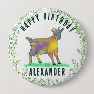 Badge Rond 10 Cm Chèvre colorée Ajouter un nom Joyeux anniversaire