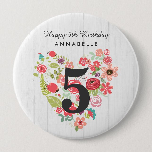 Badge Rond 10 Cm Chic Blanc Bois & Whimsical Floral Joyeux Annivers (Devant)