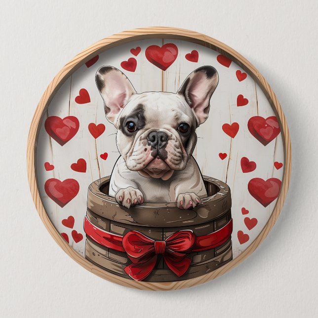 Badge Rond 10 Cm Chien de taureau français Valentines (Devant)