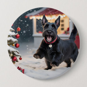 Badge Rond 10 Cm Chien écossais de Terrier jouant à la neige de Noë