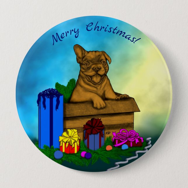 Badge Rond 10 Cm Chiot dans une boîte, Joyeux Noël (Devant)