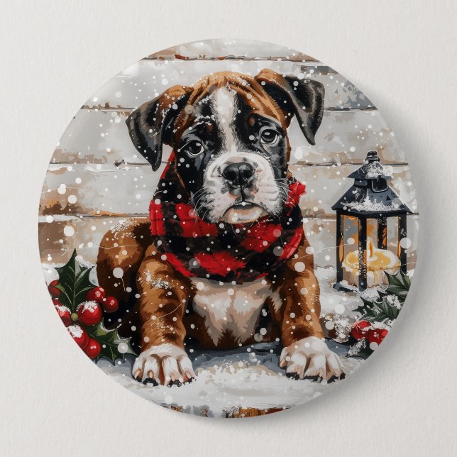 Badge Rond 10 Cm Chiots Boxer de Noël (Devant)