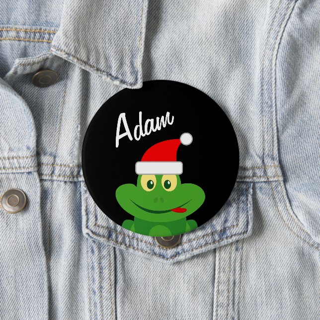 Badge Rond 10 Cm Christmas party name buttons with funny Santa frog (En situation)