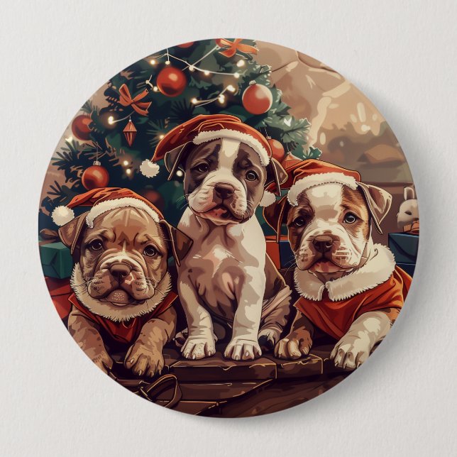 Badge Rond 10 Cm Christmas Pit Bull Puppy Dogs (Devant)