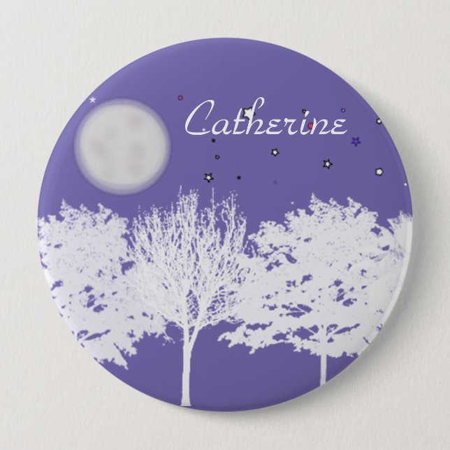Badge Rond 10 Cm Ciel nocturne lune et étoiles arbres silhouette ar (Devant)