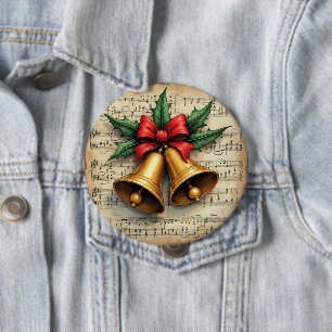 Badge Rond 10 Cm Cloches de Noël sur partition musicale,