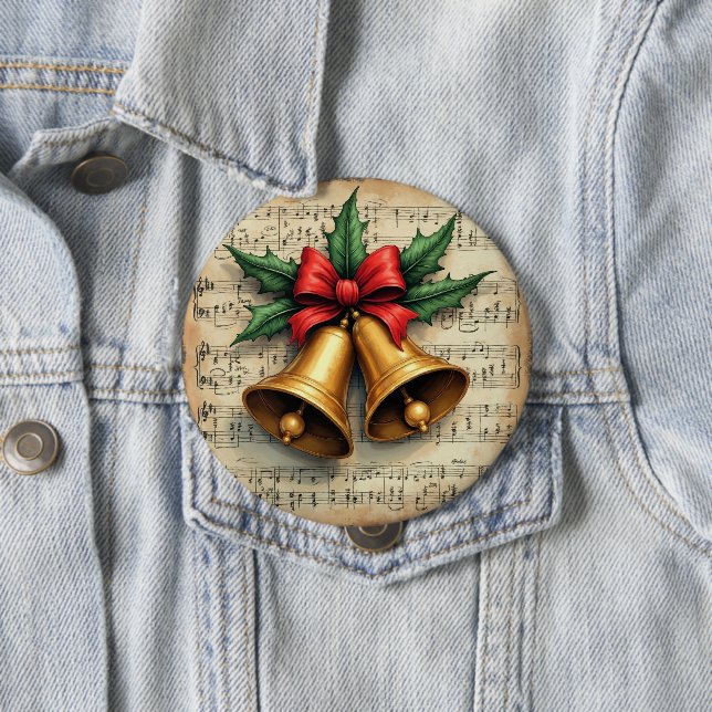 Badge Rond 10 Cm Cloches de Noël sur partition musicale, (En situation)