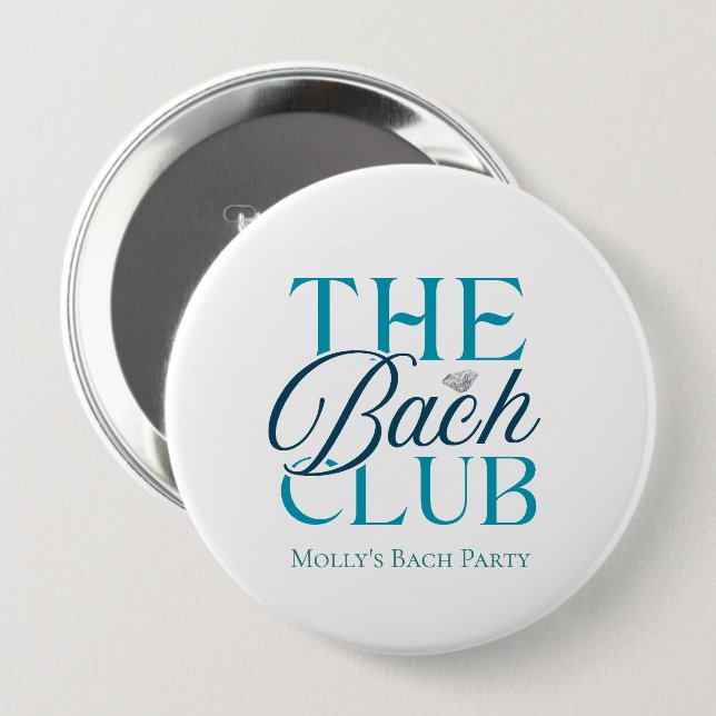 Badge Rond 10 Cm Club Bach Moderne Simple Fête de Bachelorette Bleu (Devant & derrière)